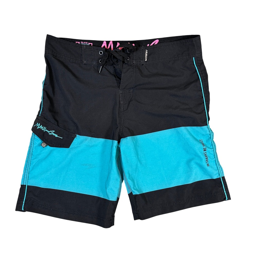 Maui and Sons Mens Board Shorts Black Turquoise Blue In Sharks We Trust Size 36